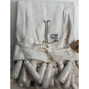 Mud Pie white initial L G throw blanket gray embroidered Monogram tassel NWT